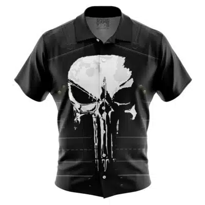 The Default Button Up Hawaiian Shirt (Copy) is a black short-sleeve button-up with a bold white skull graphic inspired by the Punisher and harness strap accents on the shoulders.