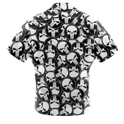 The Default Button Up Hawaiian Shirt (Copy) is a black short-sleeve featuring an all-over pattern of white skulls in circles, arranged at various angles and overlapping across the fabric.
