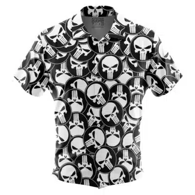 The Default Button Up Hawaiian Shirt (Copy) is a short-sleeve shirt with a black and white skull logo pattern inspired by the Punisher symbol.