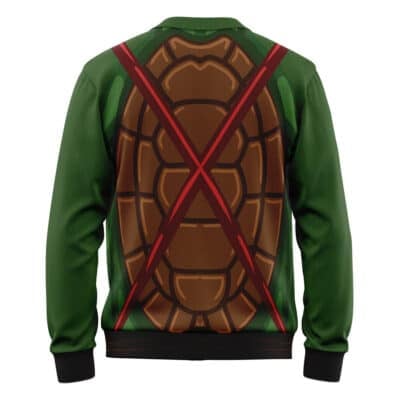 The Default Knitted Cardigan Sweater (Copy) is a green jacket with a large cartoon turtle shell and two red diagonal straps on the back, resembling a Teenage Mutant Ninja Turtle costume.