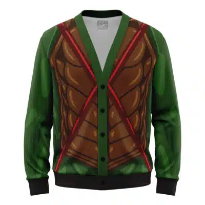 The Default Knitted Cardigan Sweater (Copy) is styled like a superhero costume with printed armor, muscle details, crossed red straps on the front, green sleeves, and a button-up front.