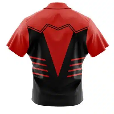 Back view of the Default Button Up Hawaiian Shirt (Copy), a short-sleeved shirt with bold red and black geometric design—angular red patterns on the upper back and red stripes along the lower sides.