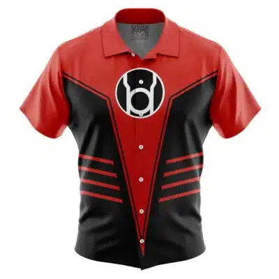 The Default Button Up Hawaiian Shirt (Copy) is a short-sleeve button-up with a red top, black lower half, bold red and black angular designs, and a large white circular emblem featuring a black symbol on the chest.