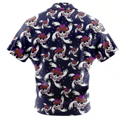 The Default Button Up Hawaiian Shirt (Copy) is a short-sleeve button-up with a navy background and a repeating pattern of cartoon skeletons in pink sunglasses, red headbands, and playful poses.