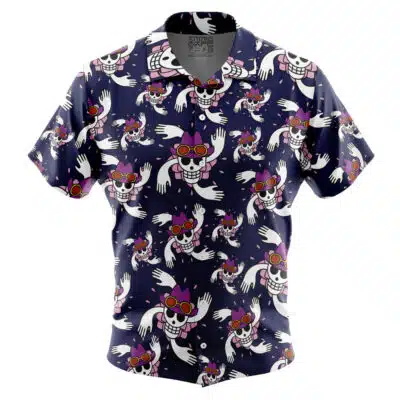 The Default Button Up Hawaiian Shirt (Copy) showcases a short-sleeved, button-up style with cartoon skeletons in pink goggles and purple headbands on a dark blue background with white dots.
