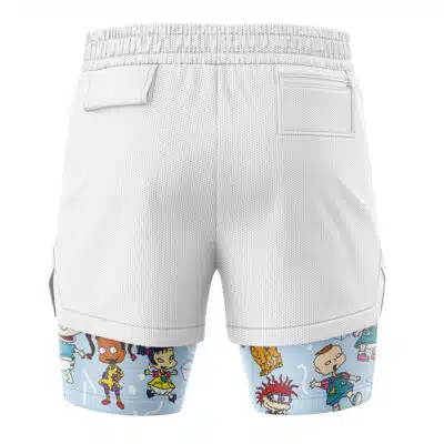 The Jimmy Neutron Nickelodeon 2-in-1 Performance Shorts are white, mesh-textured athletic shorts with colorful cartoon characters on the lower legs, plus side and back pockets for added convenience.