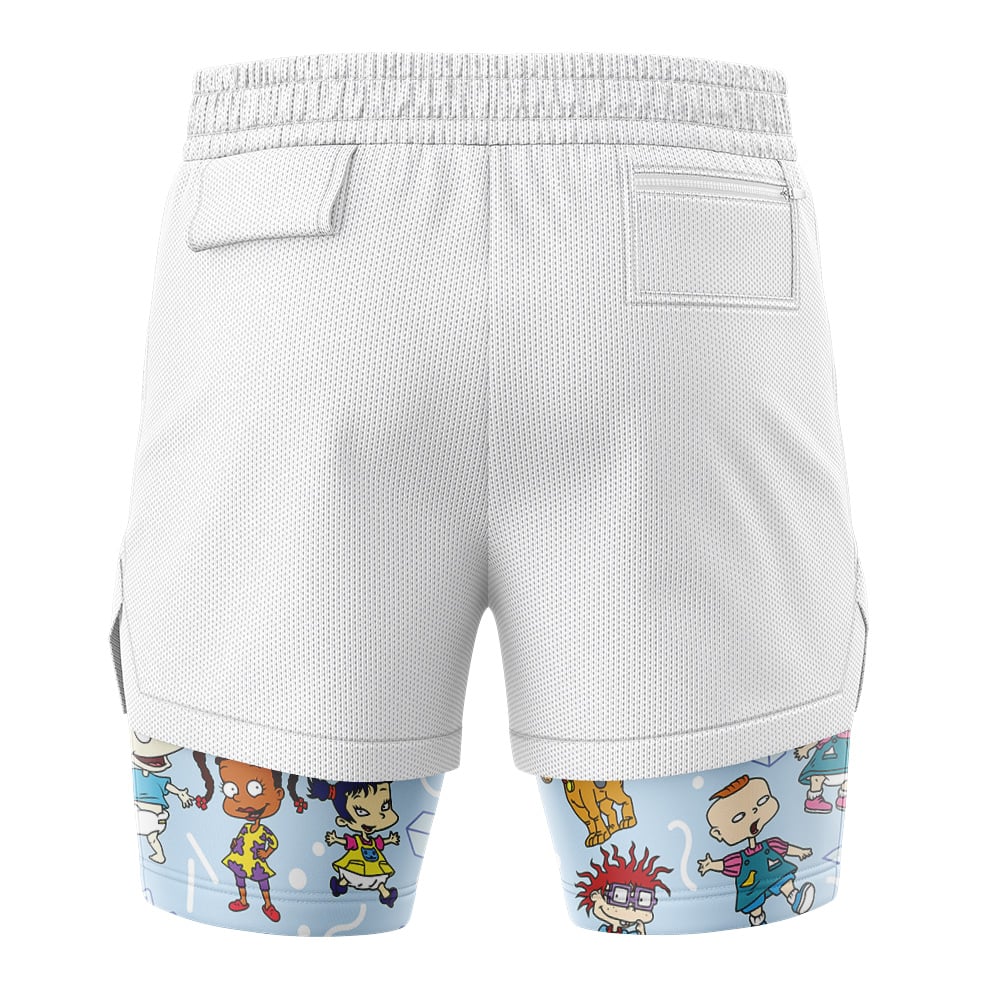 The Jimmy Neutron Nickelodeon 2-in-1 Performance Shorts are white, mesh-textured athletic shorts with colorful cartoon characters on the lower legs, plus side and back pockets for added convenience.