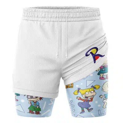 Jimmy Neutron Nickelodeon 2-in-1 Performance Shorts feature a white mesh outer layer, elastic waistband, colorful cartoon characters and geometric inner layer, plus a large R logo on the right side.