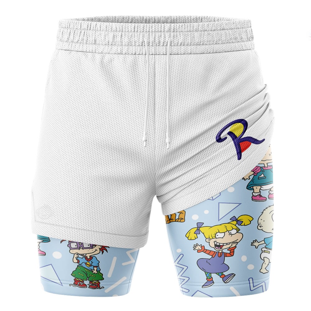 Jimmy Neutron Nickelodeon 2-in-1 Performance Shorts feature a white mesh outer layer, elastic waistband, colorful cartoon characters and geometric inner layer, plus a large R logo on the right side.