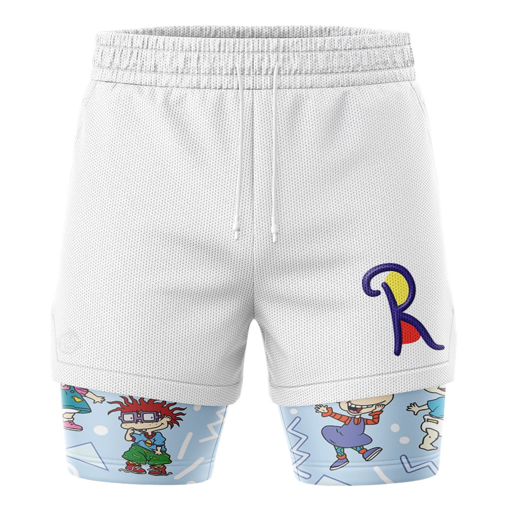 The Jimmy Neutron Nickelodeon 2-in-1 Performance Shorts feature a white mesh design, an elastic waistband with drawstrings, a colorful R on the left thigh, and cartoon characters with geometric shapes on light blue at the bottom.