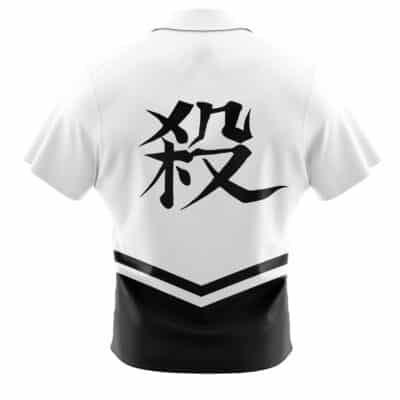 Back view of the Default Button Up Hawaiian Shirt (Copy) in white and black, featuring a large, stylized black Japanese kanji centered on the back and two black angled stripes near the bottom.