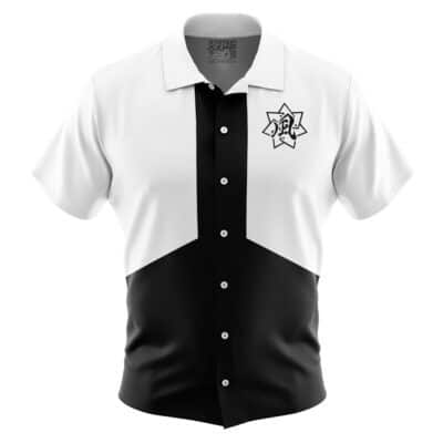 The Default Button Up Hawaiian Shirt features short sleeves, a white top half and black bottom half divided diagonally, a central black stripe, and a stylized star emblem with a letter on the left chest.