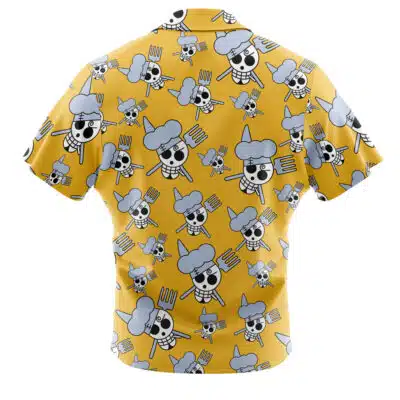 The Default Button Up Hawaiian Shirt (Copy) features short sleeves and a yellow fabric with repeating cartoon skulls in blue wigs and monocles—some holding forks—shown from the back.