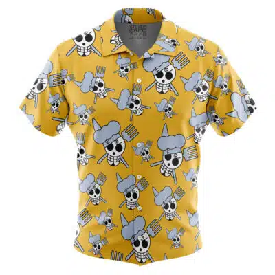The Default Button Up Hawaiian Shirt features short sleeves and a yellow background with cartoon skulls wearing blue chef hats and crossbones made of forks in a repeating pattern.