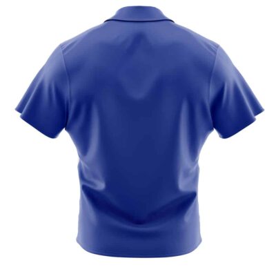 A blue Default Button Up Hawaiian Shirt (Copy), short-sleeved and collar, shown from the back with no visible logos or designs.