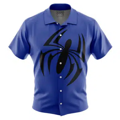 The Default Button Up Hawaiian Shirt (Copy) is a blue short-sleeve shirt with a prominent black stylized spider emblem on the front.