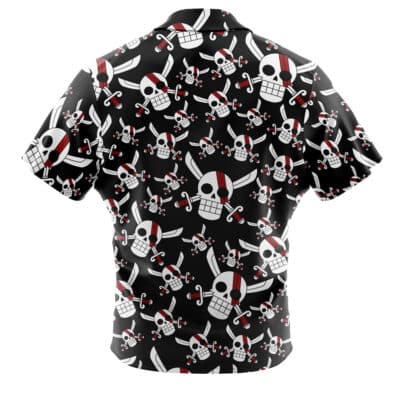 The Default Button Up Hawaiian Shirt (Copy) features a bold pirate-themed design with cartoon skulls sporting swords, red eye patches, and earrings on a black short-sleeve button-up shirt. The pattern covers the entire shirt for a standout look.