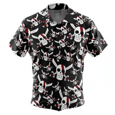 The Default Button Up Hawaiian Shirt features short sleeves and a black background with a repeating pattern of cartoon skulls, crossed swords, eye patches, and red accents.