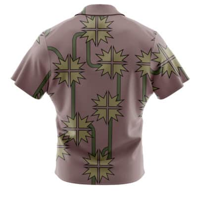 The image shows the back of the Default Button Up Hawaiian Shirt (Copy), a short-sleeve collared shirt with a mauve background and a repeating pattern of green starburst shapes connected by dark green lines.