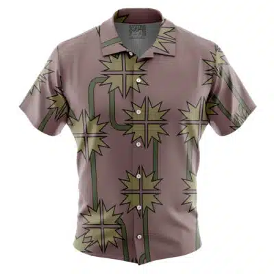 The Default Button Up Hawaiian Shirt (Copy) is a short-sleeve button-up with a mauve background and a bold geometric pattern of green starburst shapes connected by green lines.