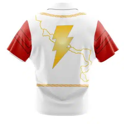 The Default Button Up Hawaiian Shirt (Copy) is a white shirt with red sleeves, a bold yellow lightning bolt, an outline map design on the back, and a gold Greek key pattern along the hem.
