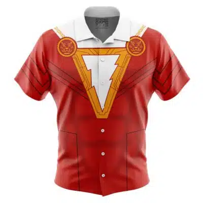 The Default Button Up Hawaiian Shirt (Copy) is a red short-sleeve shirt with a superhero-inspired design, featuring a yellow lightning bolt emblem on the chest, gold lion medallions, and black suit-like detailing.
