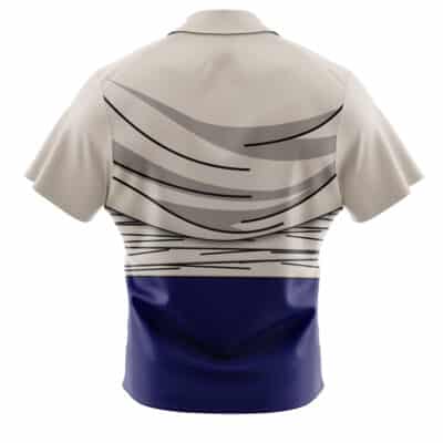 The Default Button Up Hawaiian Shirt (Copy) features a modern, abstract design with a beige upper section and black wavy lines, contrasted by a solid dark blue lower half. Seen from the back, it has short sleeves and a collared style.