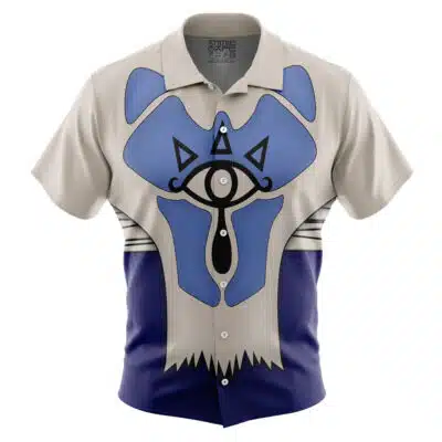 The Default Button Up Hawaiian Shirt (Copy) features a bold blue and gray eye-inspired geometric design on a gradient background that transitions from light at the top to dark blue at the bottom.