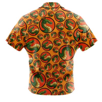 The Default Button Up Hawaiian Shirt (Copy) is a short-sleeve orange shirt with green and yellow dragon heads in red circles, shown from the back.