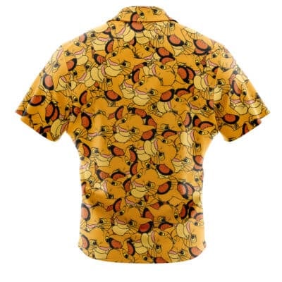 Default Button Up Hawaiian Shirt (Copy) shown from the back with an all-over yellow and orange cartoon lion cub face pattern on a yellow background, resembling Simba from The Lion King. Short sleeves and button-up closure included.