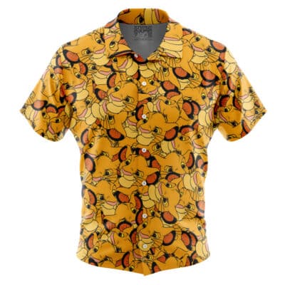 The Default Button Up Hawaiian Shirt (Copy) features short sleeves and an all-over print of cartoon lion faces in yellow, orange, and black for a playful, animated look.