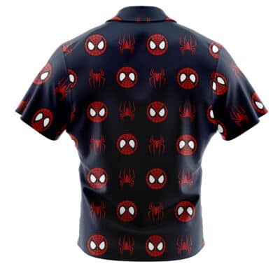 The Default Button Up Hawaiian Shirt (Copy) is a short-sleeved, dark shirt with a repeating pattern of Spider-Man masks and spider logos in red and white on the back.