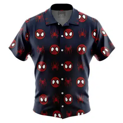 The Default Button Up Hawaiian Shirt (Copy) is a short-sleeved, button-up shirt with a navy blue background and an all-over print of red and white Spider-Man masks and spider logos.