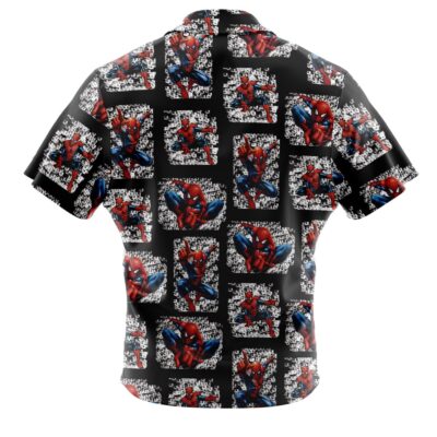 The Default Button Up Hawaiian Shirt features short sleeves, a black background, and a repeating comic book-style Spider-Man design in red, blue, and white with various action poses.