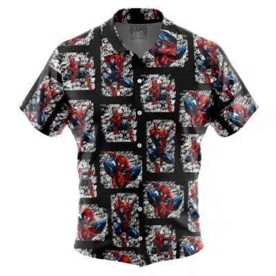 The Default Button Up Hawaiian Shirt (Copy) features short sleeves and a black background with white comic-style accents, showcasing an all-over print of Spider-Man in various action poses.