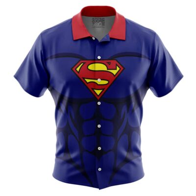 The Default Button Up Hawaiian Shirt (Copy) is a short-sleeve button-up styled after Superman, with a large red and yellow logo on the chest, blue muscle shading, and a red collar.