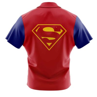 The Default Button Up Hawaiian Shirt (Copy) features short sleeves, a red back with a large yellow Superman S logo, and blue sleeves, shown from the back.