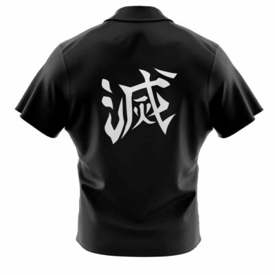 The Default Button Up Hawaiian Shirt (Copy) is a black short-sleeve shirt featuring bold white stylized kanji characters printed on the upper back.