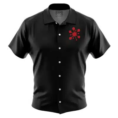 The Default Button Up Hawaiian Shirt (Copy) is a short-sleeved black shirt featuring a red abstract splash design on the left chest.