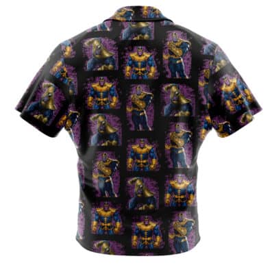 The Default Button Up Hawaiian Shirt (Copy) features a repeating pattern of a muscular cartoon character in gold and blue armor on a purple background, shown from the back, and has short sleeves and button-up closure.