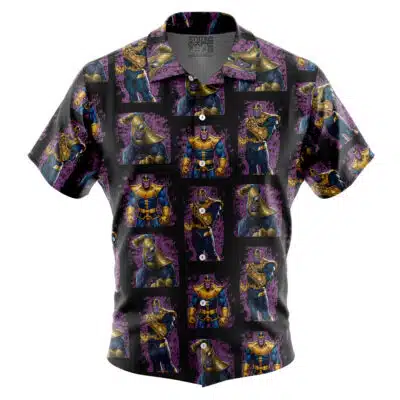 The Default Button Up Hawaiian Shirt (Copy) features short sleeves and a black background with purple accents, decorated with a repeating pattern of a cartoon muscular villain in blue and gold armor.