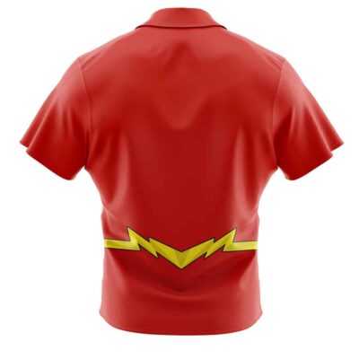 The Default Button Up Hawaiian Shirt (Copy) is a red short-sleeve shirt shown from the back, featuring a yellow lightning bolt design across the lower back.