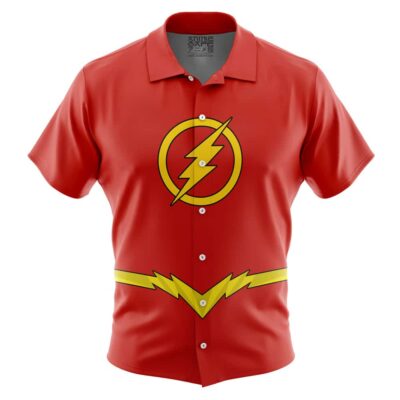 A short-sleeved, button-up Hawaiian shirt called "Default Button Up Hawaiian Shirt (Copy)" featuring a red base, yellow lightning bolt emblem in a circle on the chest, and a yellow lightning belt design at the waist.