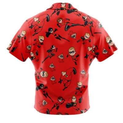 Red short-sleeve Default Button Up Hawaiian Shirt featuring a repeating pattern of The Incredibles characters—Mr. Incredible, Elastigirl, Violet, Dash, and Jack-Jack—in dynamic action poses.