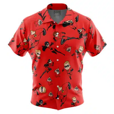 A short-sleeve button-up Hawaiian shirt featuring cartoon characters from The Incredibles in action poses, printed across the fabric. Product name: Default Button Up Hawaiian Shirt (Copy).