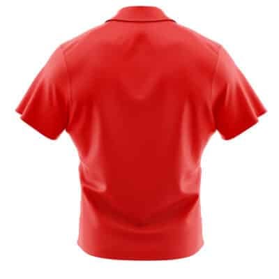 A plain red short-sleeve Default Button Up Hawaiian Shirt (Copy) viewed from the back, featuring smooth fabric and a simple collar with no visible logos or patterns.