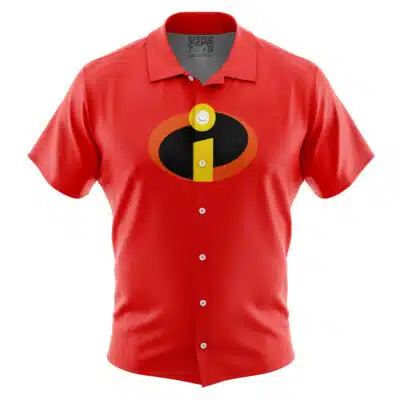 The Default Button Up Hawaiian Shirt (Copy) is a red, short-sleeved button-up with The Incredibles yellow, black, and orange "i" logo on the chest. It’s neatly buttoned and displayed against a plain white background.