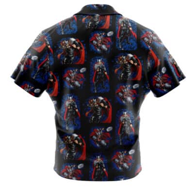 Default Button Up Hawaiian Shirt (Copy) features a short-sleeve black design with a repeating pattern of Thor wielding his hammer, in red cape and armor, set against a blue and black background.