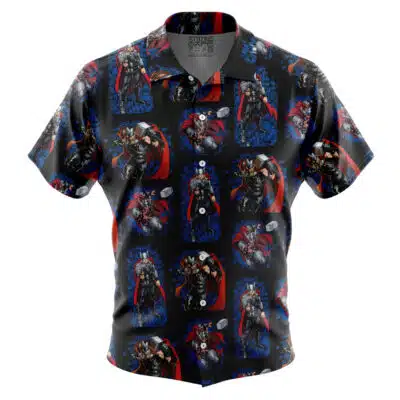 The Default Button Up Hawaiian Shirt (Copy) features short sleeves and a repeating pattern of a red-and-blue superhero with a hammer, set against a dark background with electric blue accents.