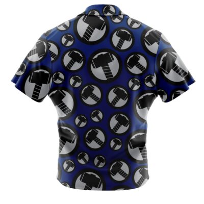 The Default Button Up Hawaiian Shirt (Copy) is a short-sleeve button-up with a dark blue background and a repeating pattern of black and gray tuxedo bow tie icons.